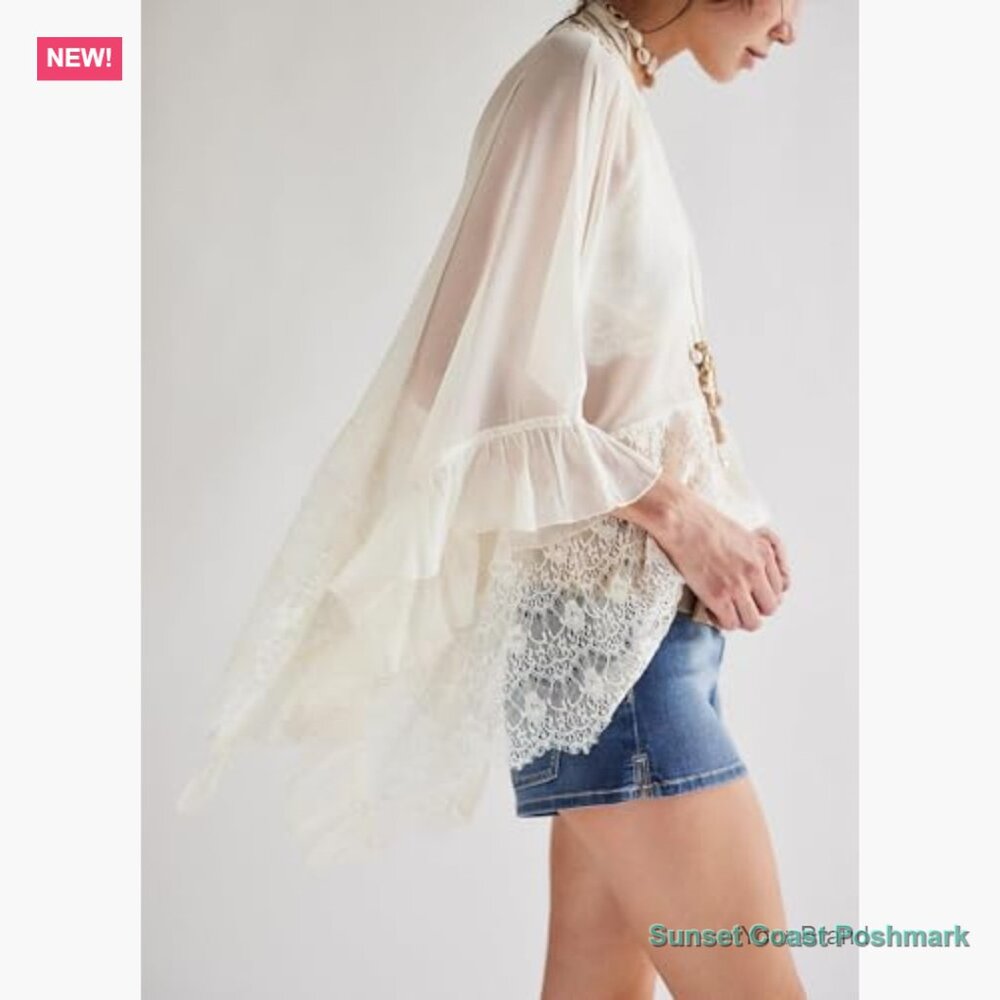 Sheer Poncho Top Batwing Sleeve V Neck Lace Ruffle Blouse - Picture 3 of 4